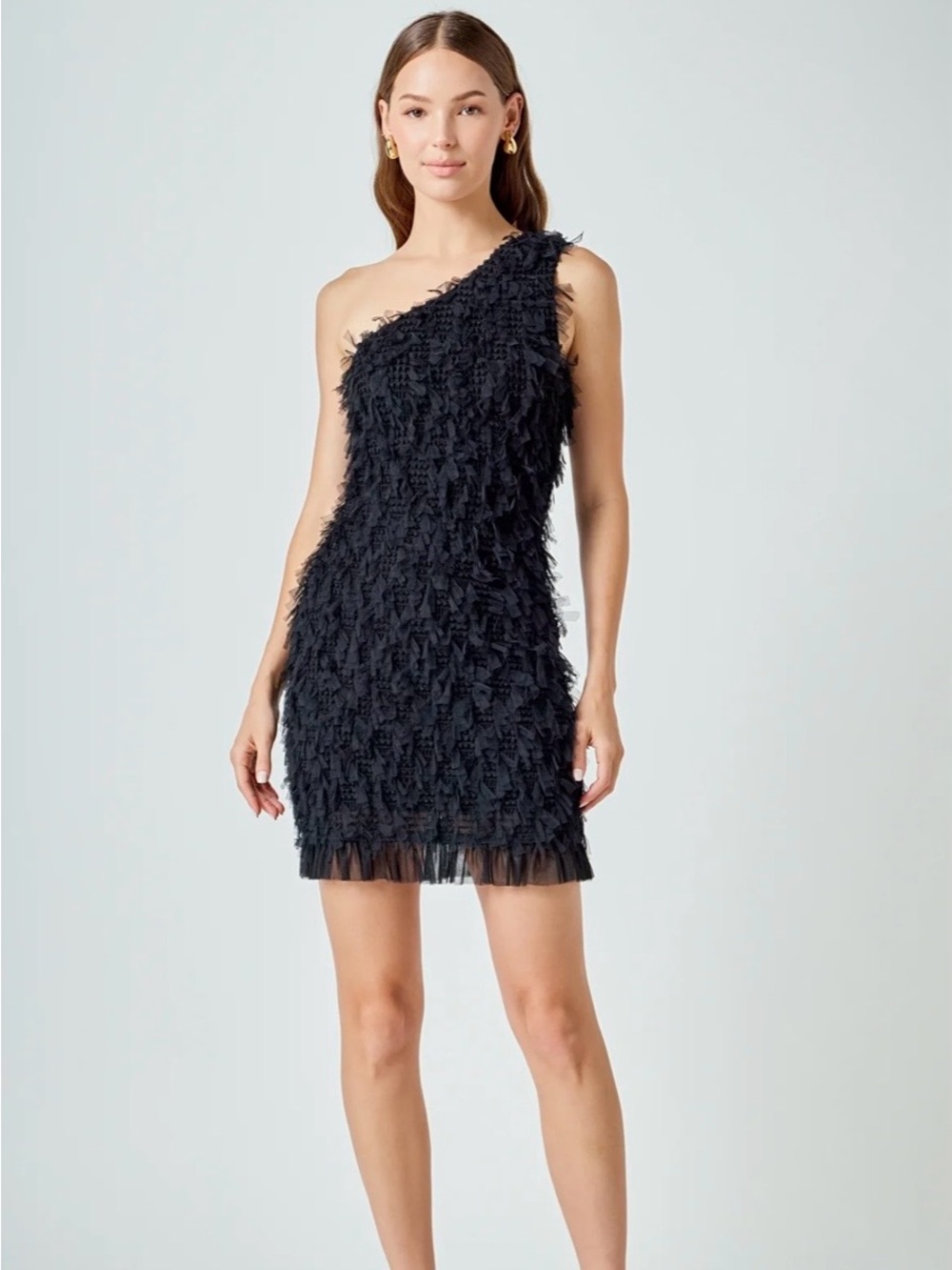 Endless Rose One-Shoulder Fringe Textured Mini Dress size Small